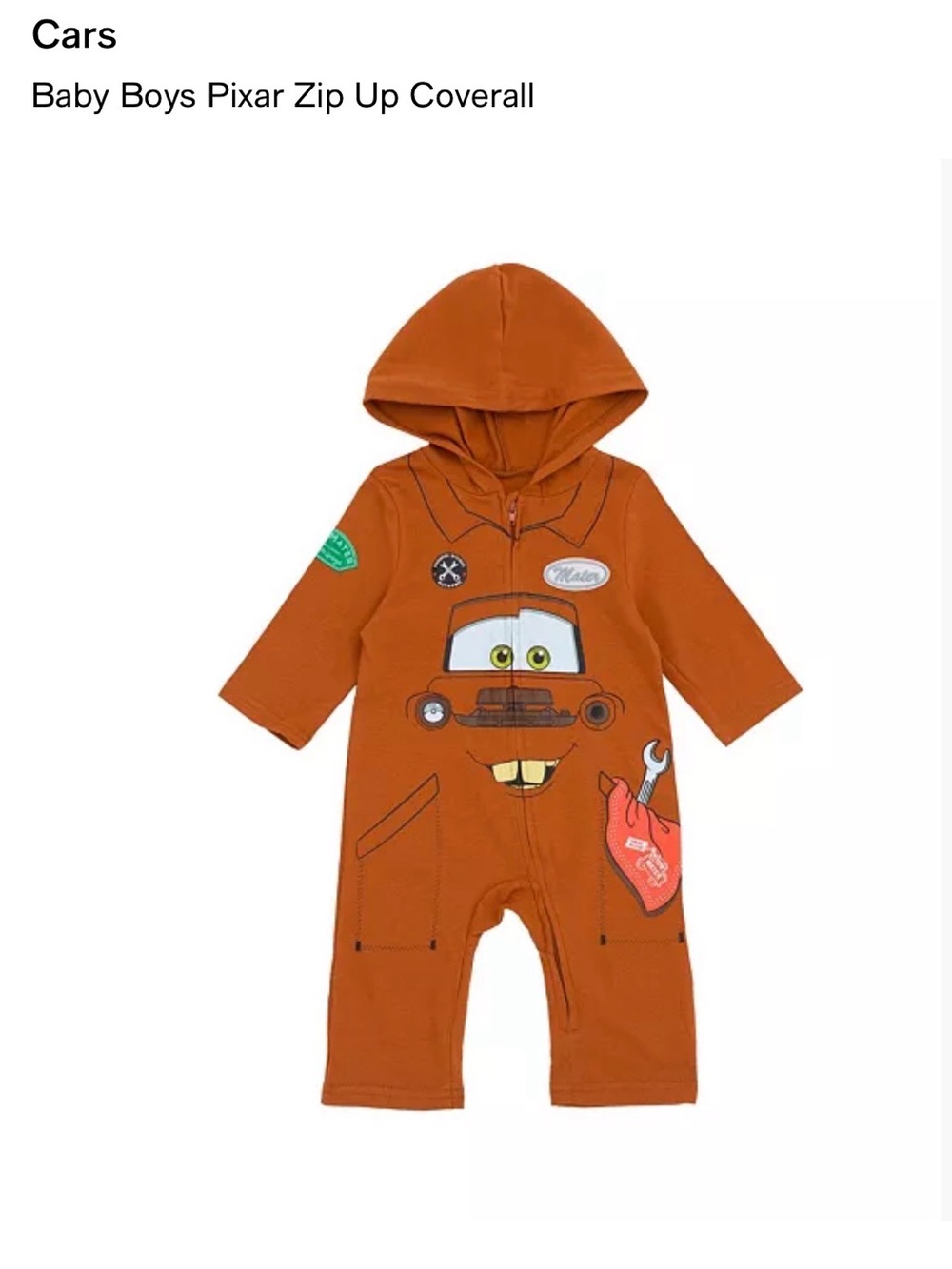 Pixar Cars Mater Hooded Zip-Up Baby Coverall in Rust Orange
